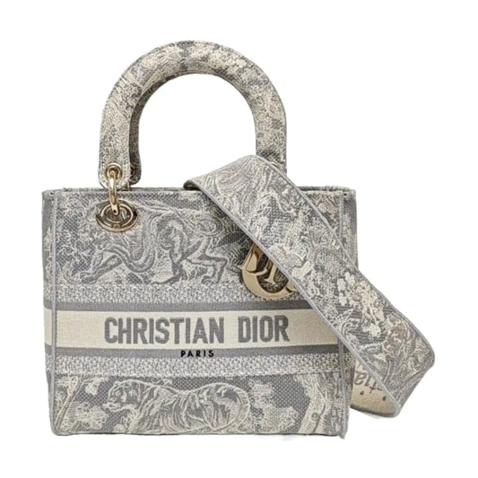 DIOR Lady D-Lite medium size grey fabric embroidered handbag gold hardware detachable shoulder strap-(SKU)-965432994