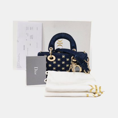 DIOR Lady D-Joy Super Mini Blue Denim Embroidered Crossbody Shoulder Bag Tote Bag Golden Hardware 2 Removable Shoulder Straps Complete Accessories-(SKU)-965662345