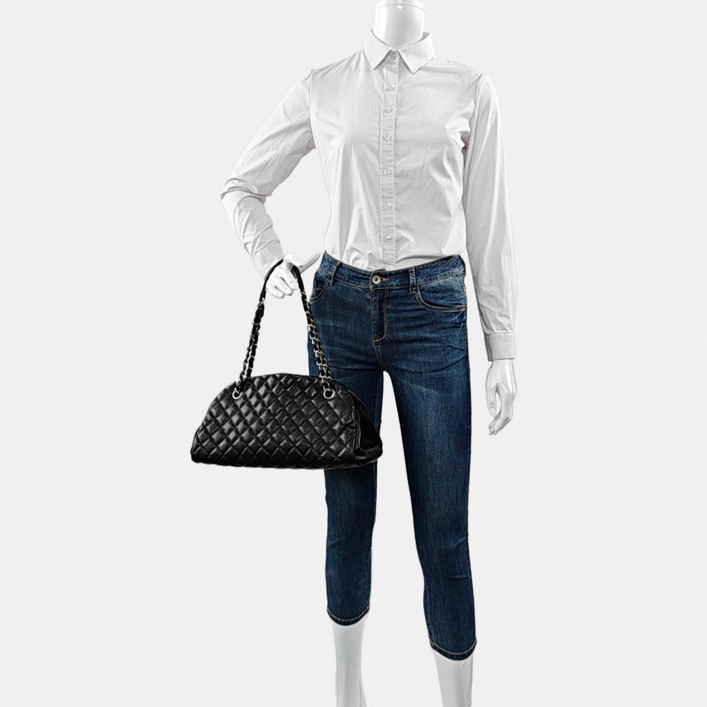 CHANEL JUST MADEMOISELLE Black Calfskin Quilted Monogram Shoulder Bag Tote Bag Silver Hardware 15 Clasp-(SKU)-965696016