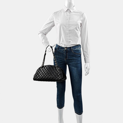 CHANEL JUST MADEMOISELLE Black Calfskin Quilted Monogram Shoulder Bag Tote Bag Silver Hardware 15 Clasp-(SKU)-965696016