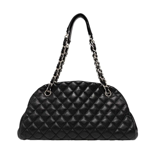 CHANEL JUST MADEMOISELLE Black Calfskin Quilted Monogram Shoulder Bag Tote Bag Silver Hardware 15 Clasp-(SKU)-965696016