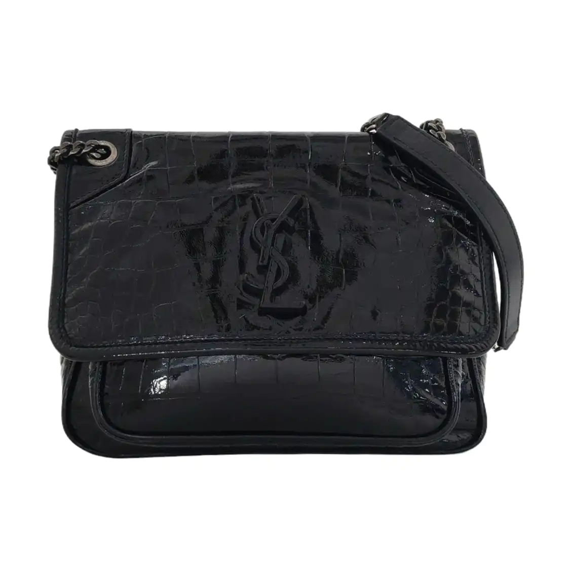 YSL NIKI Small Size Black Patent Leather Crocodile Embossed Single Shoulder Bag Crossbody Bag Palladium Hardware-(SKU)-965692565