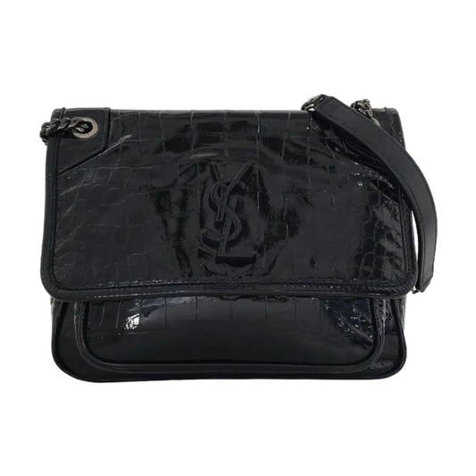 YSL NIKI Small Size Black Patent Leather Crocodile Embossed Single Shoulder Bag Crossbody Bag Palladium Hardware-(SKU)-965692565