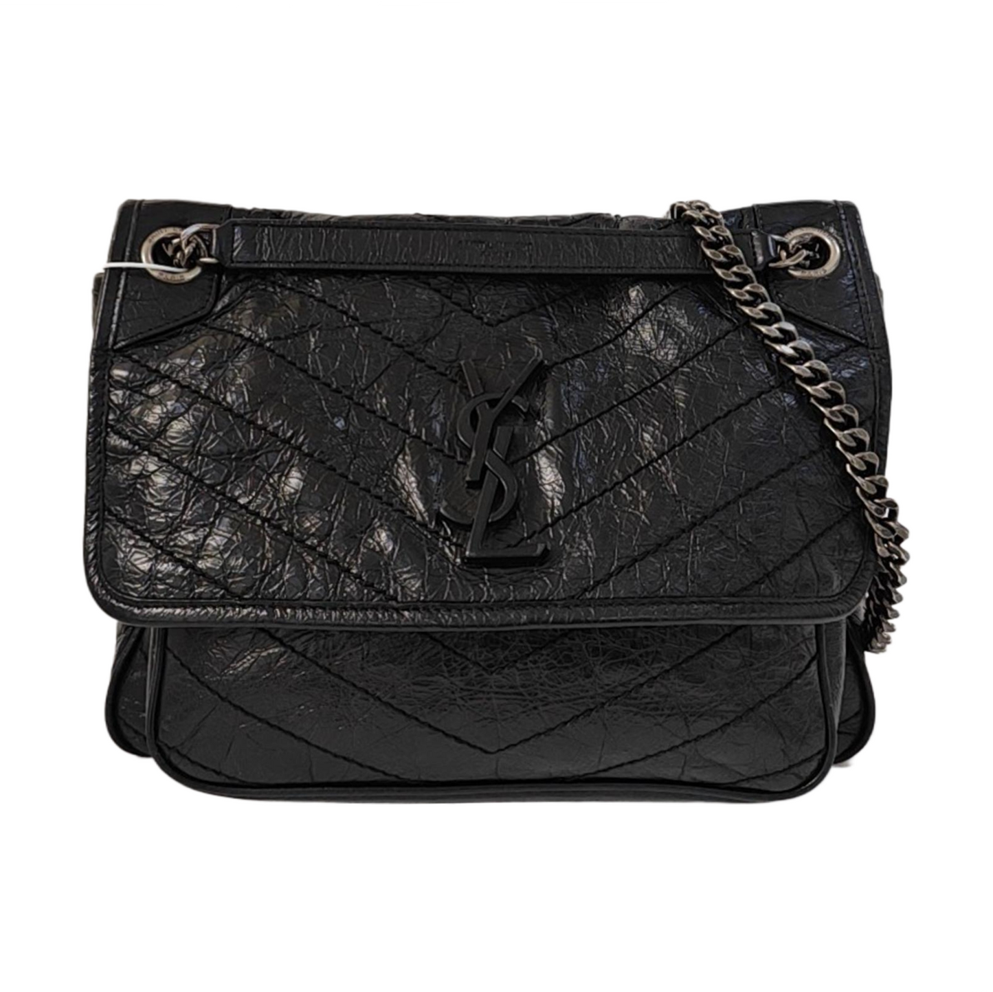 YSL NIKI Medium Size Black Leather Quilted V-Shape Shoulder Bag with Black Ruthenium Hardware-(SKU)-966134744