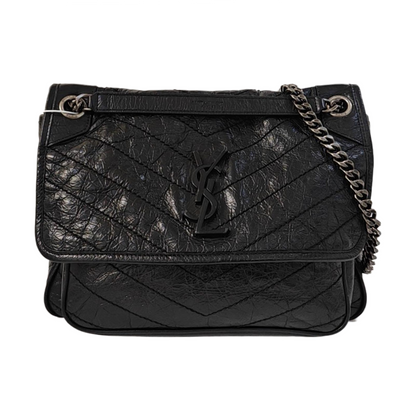 YSL NIKI Medium Size Black Leather Quilted V-Shape Shoulder Bag with Black Ruthenium Hardware-(SKU)-966134744