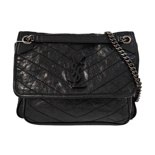 YSL NIKI Medium Size Black Leather Quilted V-Shape Shoulder Bag with Black Ruthenium Hardware-(SKU)-966134744
