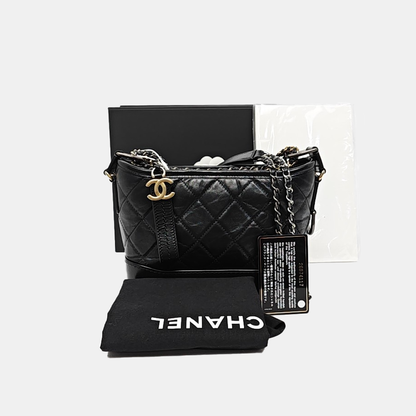 CHANEL GABRIELLE Small Black Leather Quilted Intrecciato Bag Crossbody Bag Single Shoulder Bag Golden Silver Ruthenium Hardware 26cm Removable Strap Accessories Complete-(SKU)-949455868