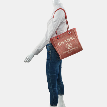 CHANEL DEAUVILLE Red Fabric Jacquard Beach Bag Single Shoulder Bag Tote Bag with Silver Hardware-(SKU)-965966407
