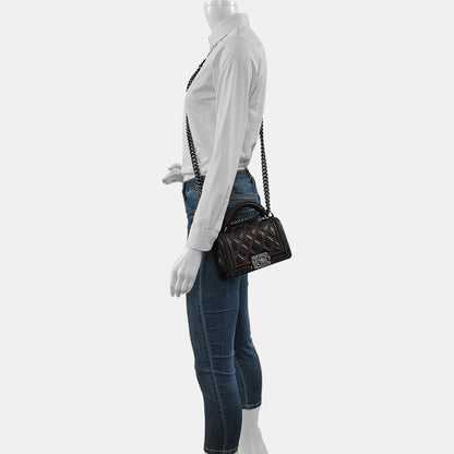 CHANEL BOY CHANEL Small Burgundy Calfskin Quilted Shoulder Bag Tote Crossbody Bag with Detachable Strap Rhodium Hardware 21 Compartments-(SKU)-965756203