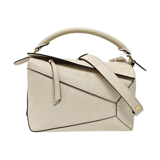 LOEWE Puzzle Small White Lamb Skin Geometric Shoulder Bag Crossbody Tote with Removable Strap-(SKU)-966123695