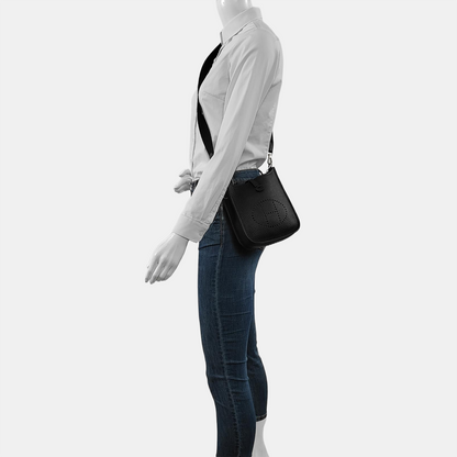 HERMÈS Evelyne TPM Black Clemence Leather Cutout Evelyne Single Shoulder Bag Crossbody Bag with Silver Hardware and B, Detachable Shoulder Strap-(SKU)-966183843