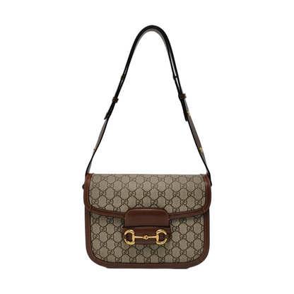 GUCCI Horsebit 1955 Small Beige Coated Canvas Monogram Saddle Bag with Gold Hardware, Complete Accessories-(SKU)-966125952