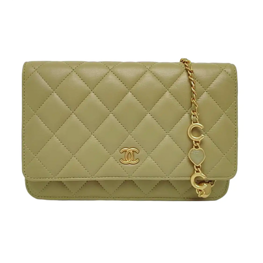 CHANEL WOC Yellow Green Lamb Skin Quilted Single Shoulder Bag Crossbody Bag Golden Hardware-(SKU)-966293271