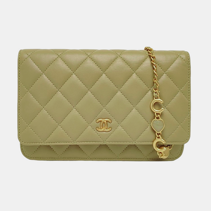 CHANEL WOC Yellow Green Lamb Skin Quilted Single Shoulder Bag Crossbody Bag Golden Hardware-(SKU)-966293271