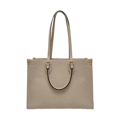 LOUIS VUITTON ONTHEGO Medium-sized Beige Leather Monogram Embossed Jungle Bag Shoulder Bag Tote Bag Golden Hardware-(SKU)-966297097