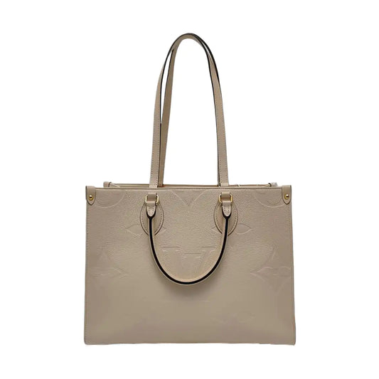 LOUIS VUITTON ONTHEGO Medium-sized Beige Leather Monogram Embossed Jungle Bag Shoulder Bag Tote Bag Golden Hardware-(SKU)-966297097