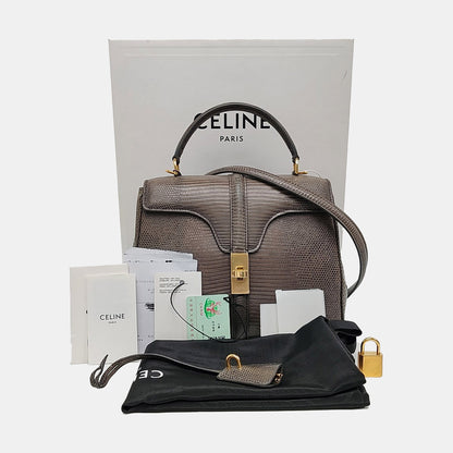 CELINE 16 Small Size Grey Lizard Skin Crossbody Shoulder Bag with Gold Hardware, Detachable Strap, Complete Accessories-(SKU)-966431025