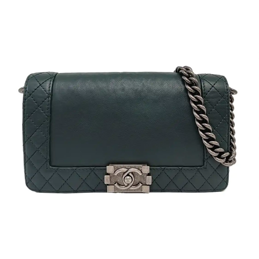 CHANEL BOY CHANEL Medium Dark Green Calfskin Leather Diamond Quilted Monogram Crossbody Shoulder Bag Rhodium Hardware 18 Clasp Removable Shoulder Strap-(SKU)-966239983