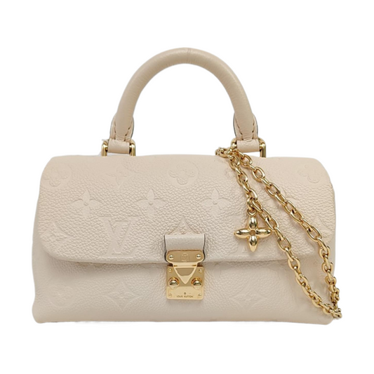 LOUIS VUITTON MADELEIN Nano White Leather Monogram Embossed Shoulder Bag Tote Bag Crossbody Bag Golden Hardware Removable Shoulder Strap Accessories Included-(SKU)-966288276