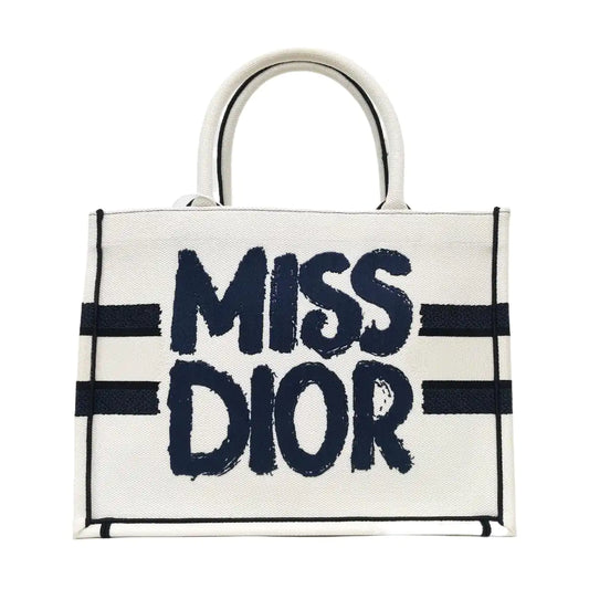 DIOR Book Tote Medium White Fabric Embroidered Handbag-(SKU)-966450598