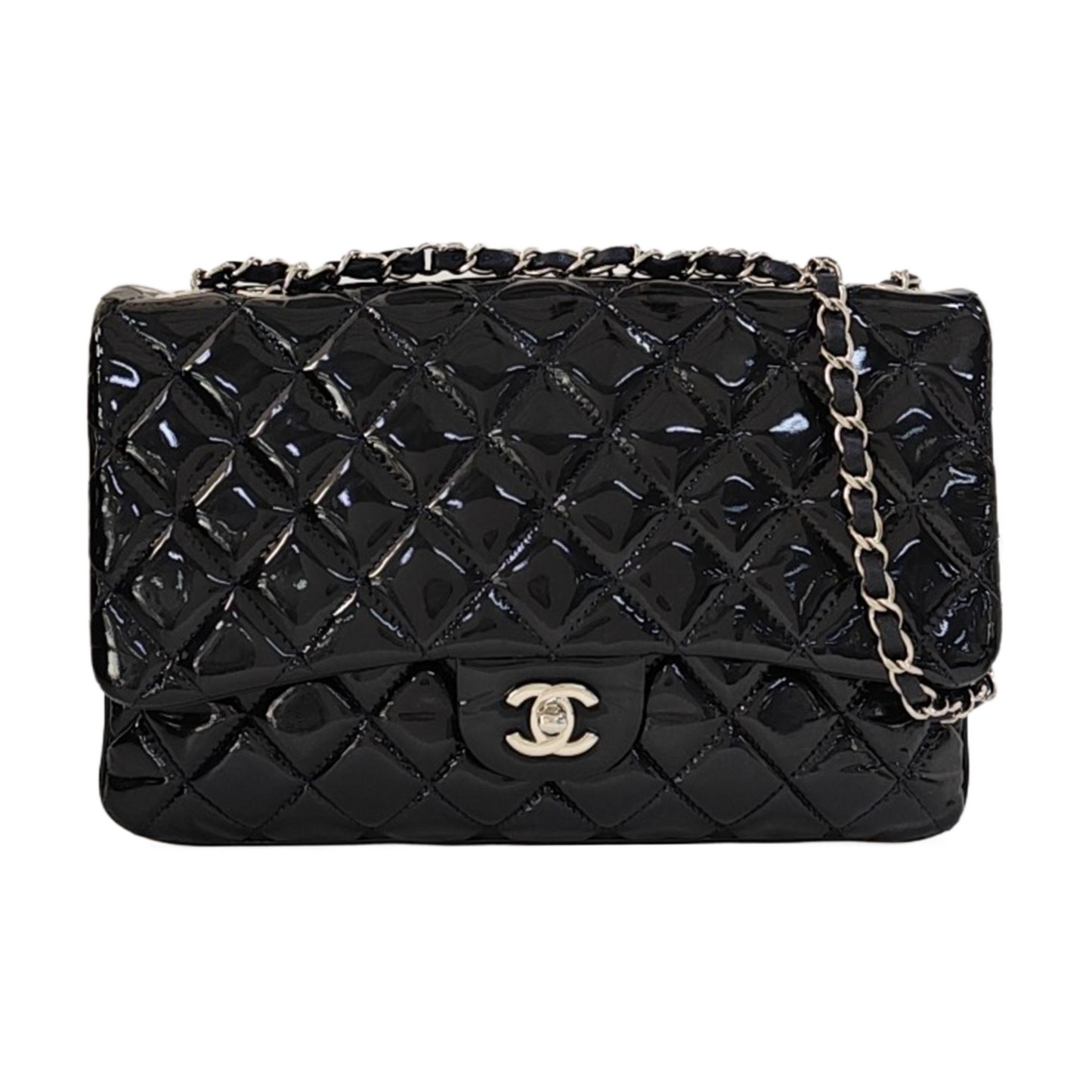 CHANEL CLASSIC FLAP Deep Blue Patent Leather Quilted Bag with Silver Hardware, 19-(SKU)-966563538