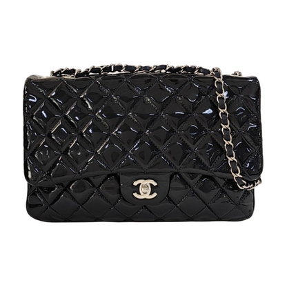 CHANEL CLASSIC FLAP Deep Blue Patent Leather Quilted Bag with Silver Hardware, 19-(SKU)-966563538