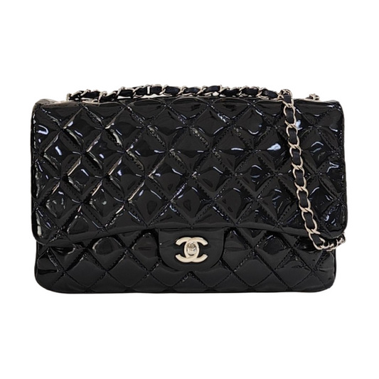 CHANEL CLASSIC FLAP Deep Blue Patent Leather Quilted Bag with Silver Hardware, 19-(SKU)-966563538