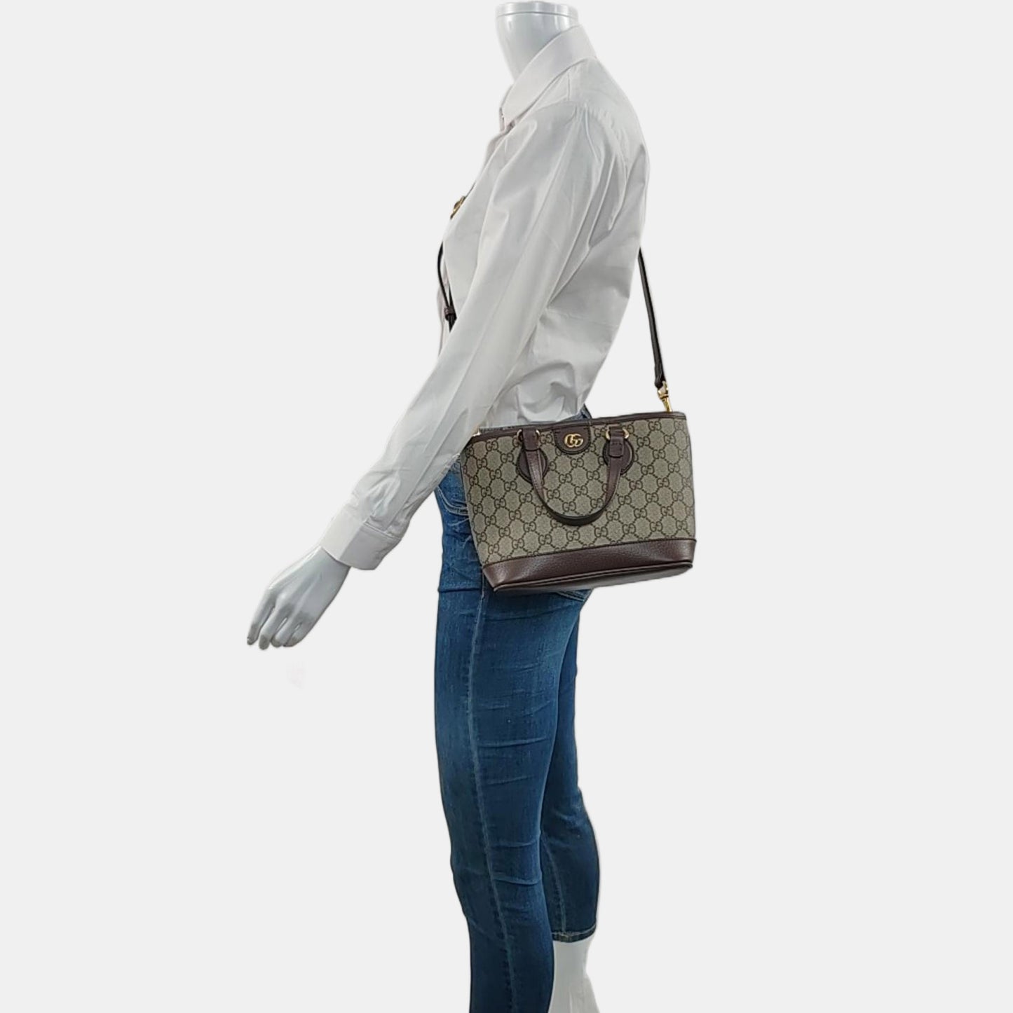 GUCCI Ophidia Mini Grey Coated Canvas Monogram Crossbody Bag Tote Bag Shoulder Bag Gold Hardware Removable Strap-(SKU)-966762711