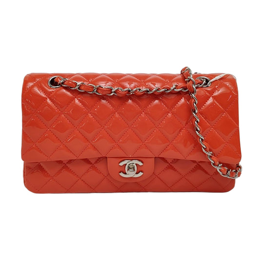 CHANEL CLASSIC FLAP Medium Orange Patent Leather Quilted Shoulder Bag Crossbody Bag Silver Hardware 16 Clasp-(SKU)-966701746