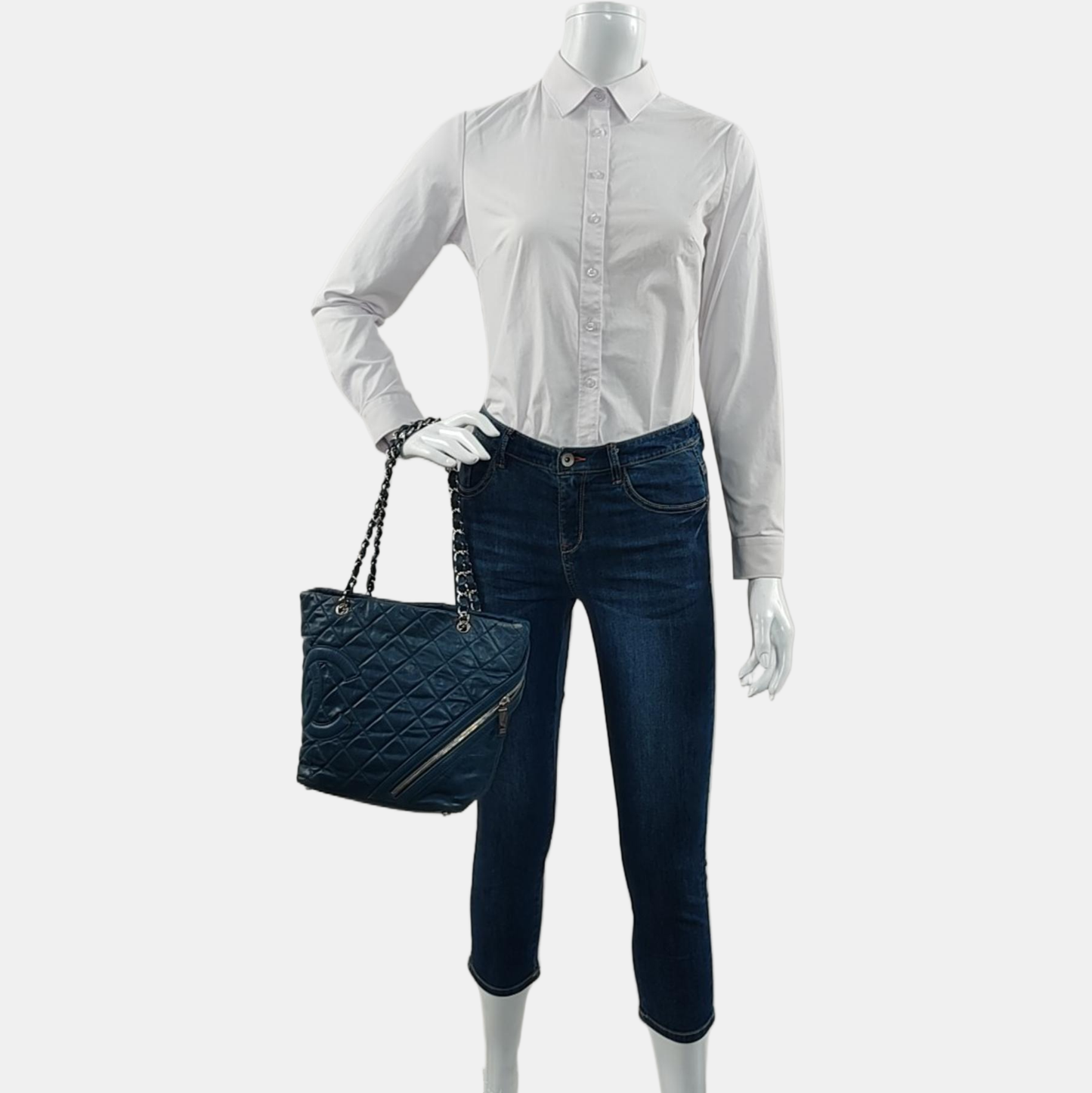 CHANEL CAMBON Blue Leather Quilted Diamond Pattern Single Shoulder Bag Silver Hardware 11 Clasp 2 Removable Shoulder Straps-(SKU)-966736811