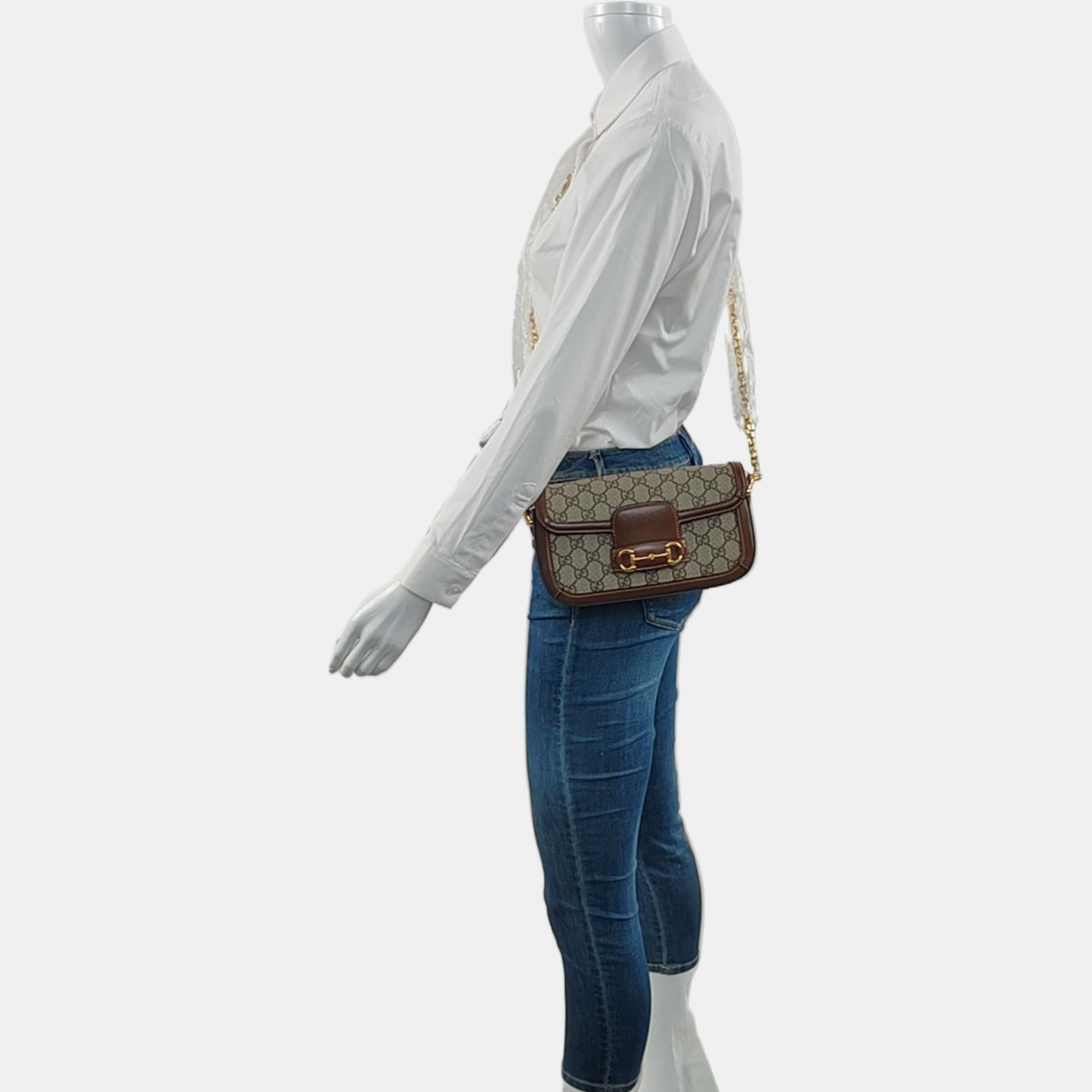GUCCI Horsebit 1955, khaki coated canvas monogram horsebit shoulder bag, handbag with golden hardware and detachable strap, complete accessories-(SKU)-966902427