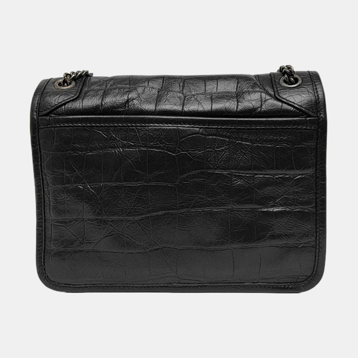 YSL NIKI Small Dark Grey Calfskin Plaid Quilted V-Shape Shoulder Bag Palladium Hardware-(SKU)-966844525