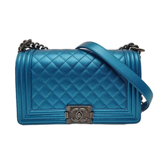 CHANEL BOY CHANEL Blue Quilted Calfskin Monogram Shoulder Bag, Crossbody with Detachable Strap, Ruthenium-Colored Hardware, 24 Clasps-(SKU)-967190890