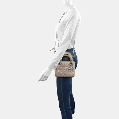 DIOR Lady Dior Mini Khaki Lamb Skin Cannage Quilted Hobo Shoulder Bag Handbag Crossbody Bag 18 Clasp Silver Hardware Removable Shoulder Strap-(SKU)-967132120