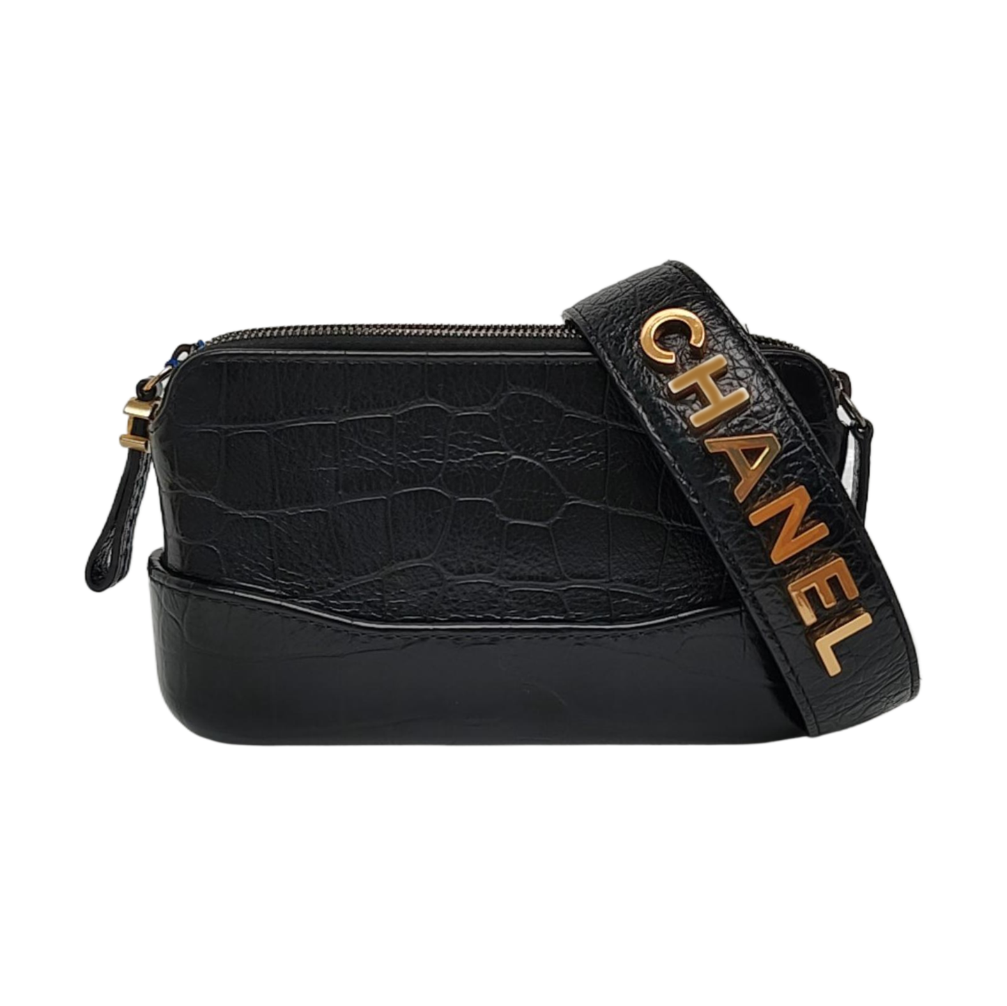 CHANEL GABRIELLE Extra Mini Black Calfskin Crocodile Shoulder Bag, Crossbody Bag with Detachable Strap and Gold/Silver Ruthenium Hardware-(SKU)-967352909