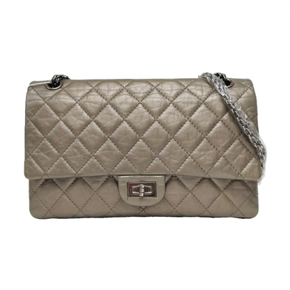 CHANEL 2.55 Large Champagne Quilted Calfskin Leather Chain Shoulder Bag Crossbody Bag with Silver Hardware 15 Clasp-(SKU)-967355800