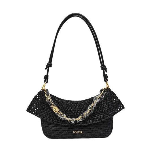 LOEWE Ola Medium Black Straw Single Shoulder Bag Golden Hardware Removable Strap-(SKU)-967584835