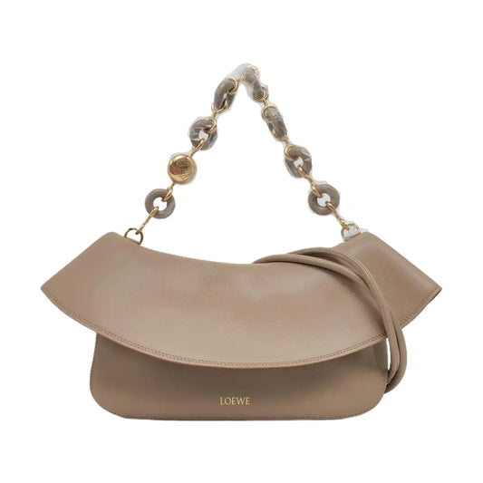 LOEWE Ola Medium Size Beige Calfskin Single Shoulder Bag Gold Hardware 2 Removable Straps-(SKU)-967585055