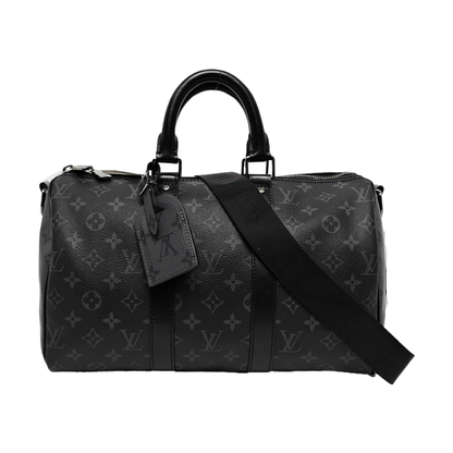 LOUIS VUITTON KEEPALL 35 Black Coated Canvas Monogram Single Shoulder Bag Handbag Crossbody Bag with Detachable Strap and Silver Hardware-(SKU)-967330082