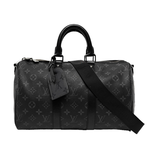 LOUIS VUITTON KEEPALL 35 Black Coated Canvas Monogram Single Shoulder Bag Handbag Crossbody Bag with Detachable Strap and Silver Hardware-(SKU)-967330082
