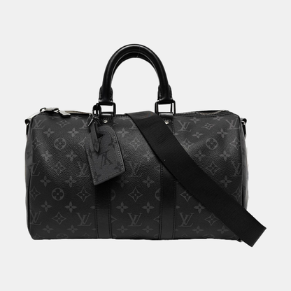 LOUIS VUITTON KEEPALL 35 Black Coated Canvas Monogram Single Shoulder Bag Handbag Crossbody Bag with Detachable Strap and Silver Hardware-(SKU)-967330082