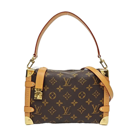 LOUIS VUITTON SIDE TRUNK Medium Monogram Brown Coated Canvas Riveted Soft Box Shoulder Bag Crossbody Bag Golden Hardware 2 Removable Straps-(SKU)-967326334