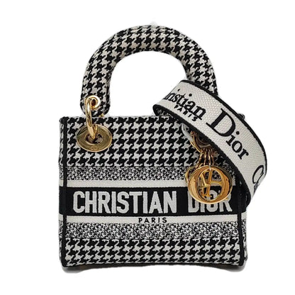 DIOR Lady Dior Mini Black Canvas Embroidered Shoulder Bag Tote Crossbody Bag with Detachable Strap-(SKU)-967459820