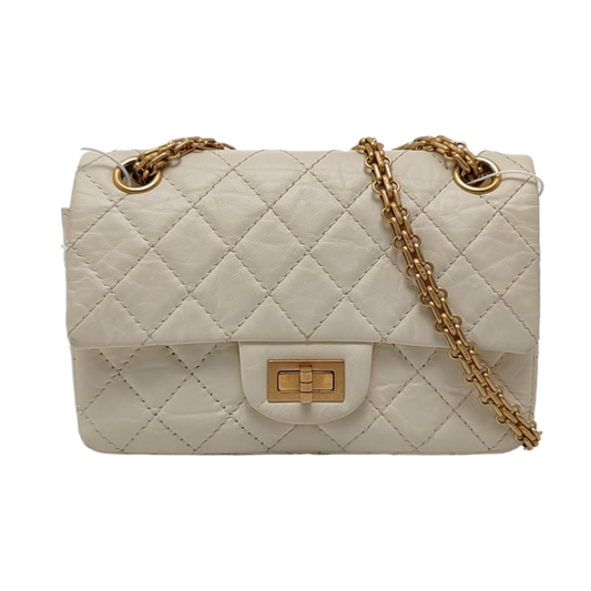 CHANEL 2.55 Mini White Calfskin Quilted Single Shoulder Bag Crossbody with Gold Hardware, 30 Clasp-(SKU)-967684071
