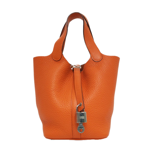 HERMÈS Picotin Lock 18 Orange Clemence Calfskin Basket Bag with Silver Hardware-(SKU)-967684097