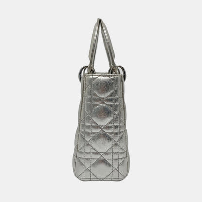 DIOR Lady Dior Small Size Silver Calfskin Quilted Cannage Four Shoulder Bag, Crossbody Bag, Handbag with Detachable Strap-(SKU)-967528877