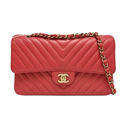 CHANEL CLASSIC FLAP Medium-sized Pink Lamb Skin Quilted V Pattern Crossbody Bag Shoulder Bag 24 Clasp Golden Hardware-(SKU)-967790368