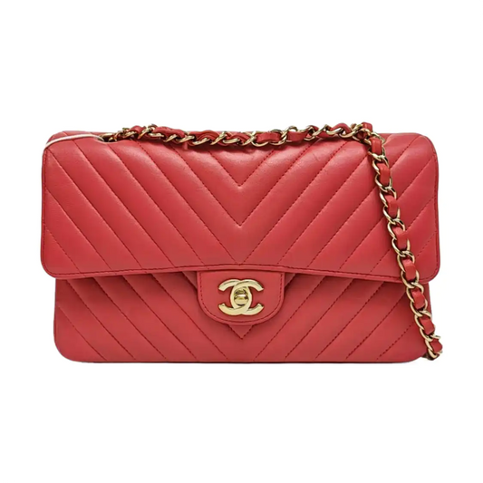 CHANEL CLASSIC FLAP Medium-sized Pink Lamb Skin Quilted V Pattern Crossbody Bag Shoulder Bag 24 Clasp Golden Hardware-(SKU)-967790368