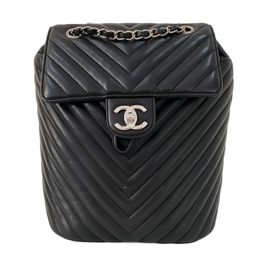 CHANEL URBAN SPIRIT Small Black Calfskin V-Shape Backpack with Silver Hardware, 22 compartments-(SKU)-967953802