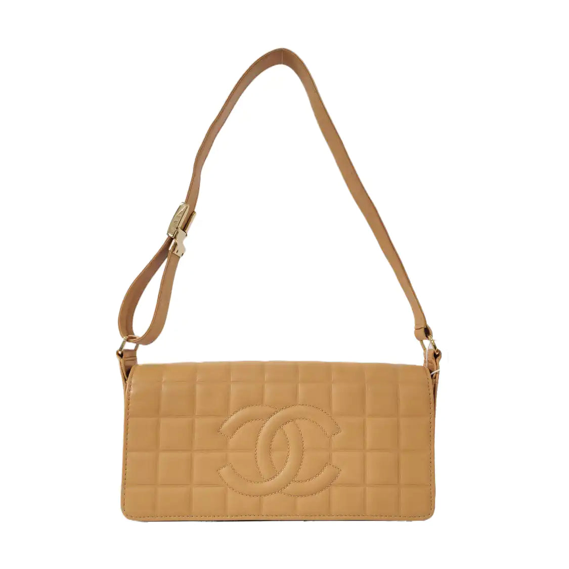 CHANEL CHOCOLATE BAR Khaki Lamb Skin Ice Grain Single Shoulder Bag with Gold Hardware, 8 Clasp-(SKU)-967802267